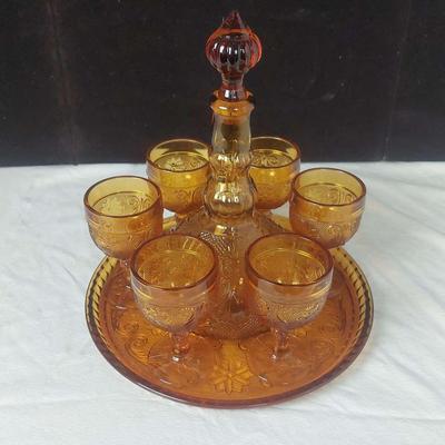 Vintage Indiana Glass Tiara Amber Decanter Set