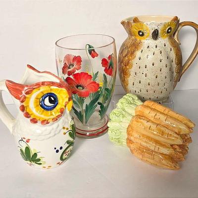 Ceramic Owl Pitcher From Gump’s 8”h, Fitz & Floyd Carrot Box, Hand Painted Czech Glass Vase, More