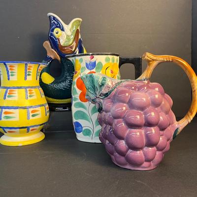 Vintage Colorful Ceramic Pitchers: Ditmar Urbach, Devon Fish, Bern & Grapes, 8-11”h