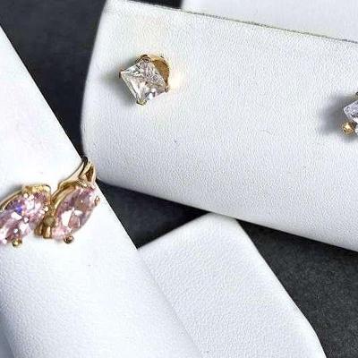 10K Gold Pink Stone Ring (Size 5.5) and 10K White Stone Earrings
