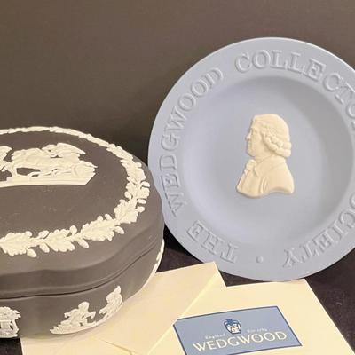 Wedgwood Black Jasperware Round Scalloped Trinket Box & Blue Collectors Society Plate With Notecard