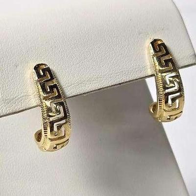 14K Gold Marked Greek Key Hoop Earrings & Backings