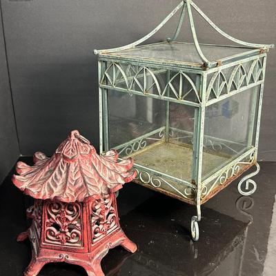 Glass And Wrought Iron Terrarium 10.5x10.5x19” And Cast Iron Pagoda Candle Lantern 9”h