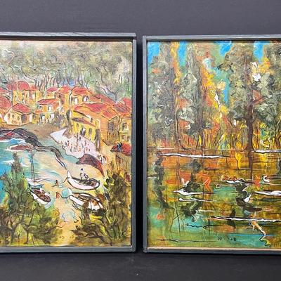 Bernard Renot Landscape Paintings On Canvas: “Le Lac” & “Anse Mejean” - 12.5x12.5”