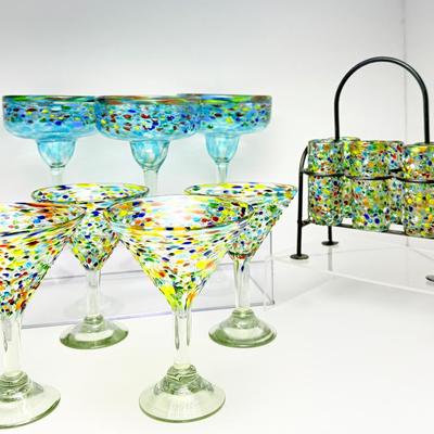 Handblown Confetti Margarita, Martini & Shot Glasses