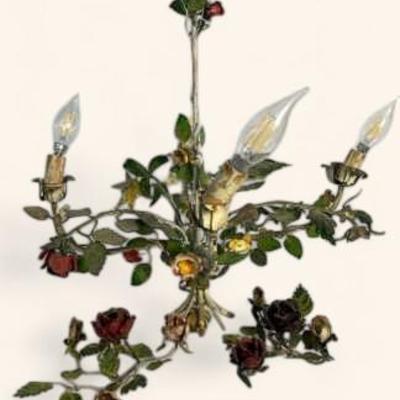 Vintage Tole Painted Metal Chandelier 20x22” & 2 Flower Arrangements