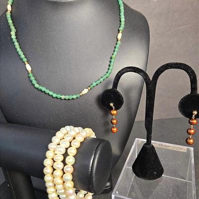 14K Gold Adveturine & Rice Pearl 18" Necklace; 14K Gold Copper Tone Pearl Earrings; Pearl Bracelets