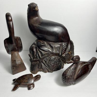 Hand Carved Wood Sea Animals Sculptures: Seal, Pelican, Duck & Turtle
