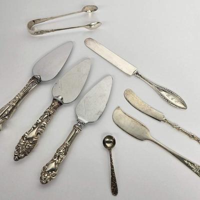 Sterling Silver (Marked) Utensils: Tongs, Knives And Salt Spoon - Blades On Servers Are Stainless