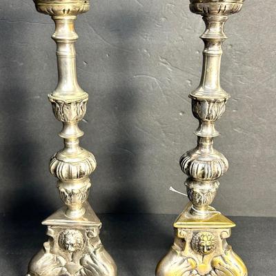 Antique Silvered Bronze Pricket Stick Candleholders With Lion Motif - 17”