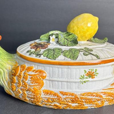 Vintage Majolica Style Pheasant Covered Server Made In Italy - 14x6.4x6”