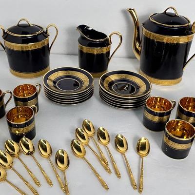Legle Porcelaine d'Art Blue & Gilt Porcelain Coffee Service For 12, Limoges France