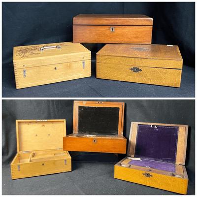Antique Wood Lap Desks And Pyrography Box (3) - 11x7.5x4” To 14x9x4”