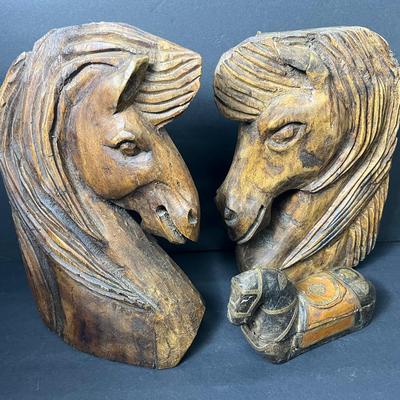Carved Wood Horse Head Sculptures 13”h Plus Indian Horse Spice Box