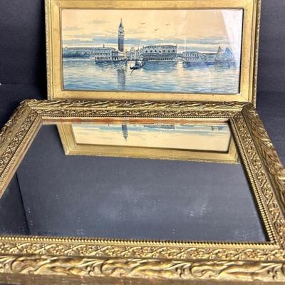 Vintage Ornate Gilt Framed Mirror 12.5x15” And Watercolor Of Venice 8x14” 