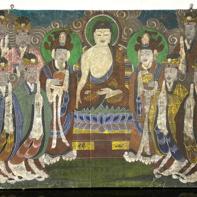 Korean Garden Shrine Painting On Canvas - 35x47” Lot 5