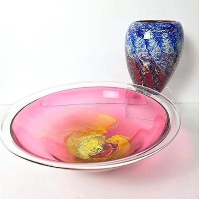 Roger Nachmann Signed Art Glass Bowl 10” Diameter & Vase Signed Hicks 6.5”h, Dated 1995