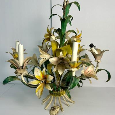 Vintage Tole Painted Metal Floral Lilies Chandelier - 22x23”