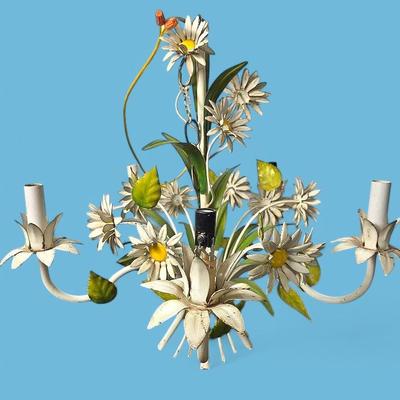 Vintage Tole Painted Wrought Iron Daisy 5 Light Chandelier - 21” Diameter, 19” Tall