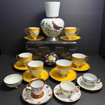 Vintage Cups & Saucers, Hand Painted Bird Vase & Limoges Trinket Box 