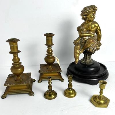 Brass Finish Cherub Figurine On Stand 10.5”h, Plus Brass Candlesticks 3-7”