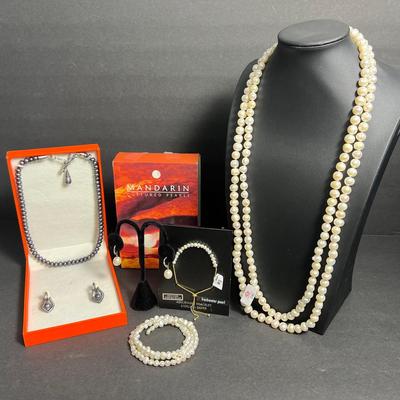 Cultured Pearls: Mandarin Sterling Silver Earring & 18" Necklace Set In Box; 62" Necklace, More