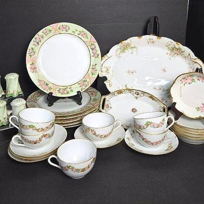 Vintage Haviland Limoges Platter & Hand Painted Rose Motif Porcelain Tea Cups, Dessert Bowls, More