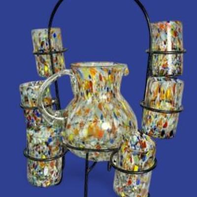 Handblown Confetti Glass 10" Pitcher & 5" Glasses (6) with Metal Stand