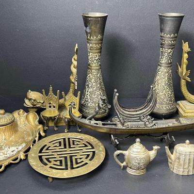Antique & Vintage Metalware: Jennings Brothers Art Nouveau Inkwell, Fish Bookends,Vases, More