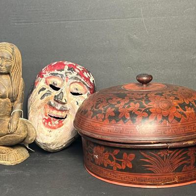 Southeast Asian Round Wood Box With Lid 12x7”, Hand Carved Balinese Figurine 12” And Painted Mask