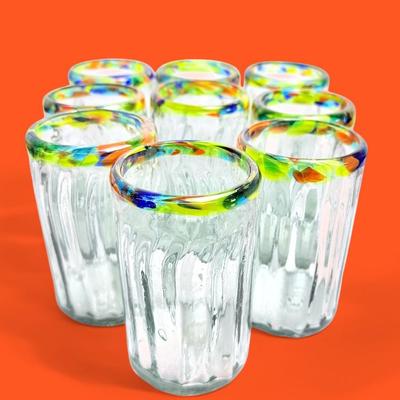 Handblown Ribbed Confetti Rim Drinking Glasses (9) - 5.25" Tall