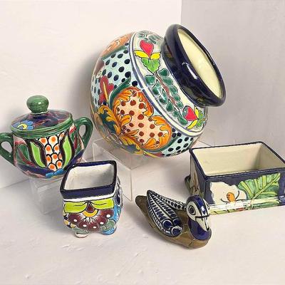 Mexican Pottery: Planters, Sugar Dish, Duck Figure