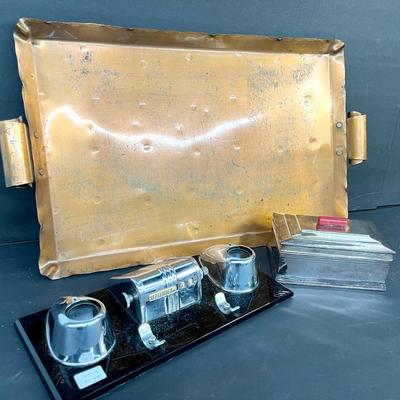 Vintage Ranleigh Desk Calendar & Inkwells, Drumgold Copper Finish Tray, Queen Ann Box