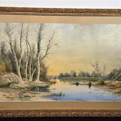 Watercolor Landscape Signed FHM - Gilt Framed 31.5x43"