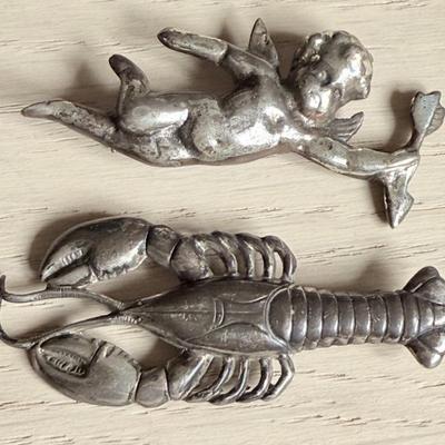 (2) Vintage Sterling Silver Pins - Lang Lobster & Cherub (as Is) Total Weight 19.89 Grams 