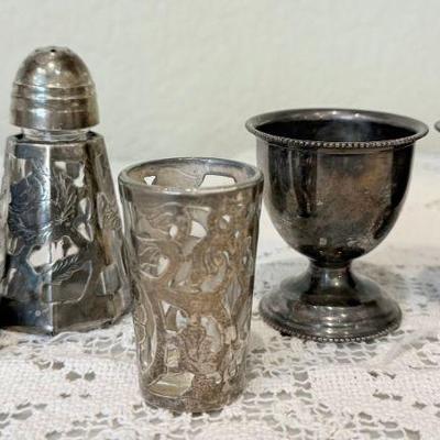 (2) England Sterling Silver Egg Cups, Vintage Mexico Sterling Silver Rose Cased Glass Shakers And Shot Glass