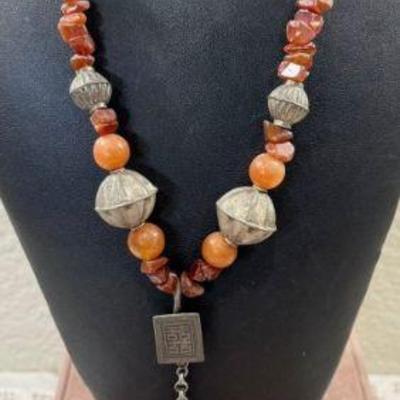 Antique Yemeni Carnelian Chip Bead And Round Bead Necklace With Tibetan Needle Case