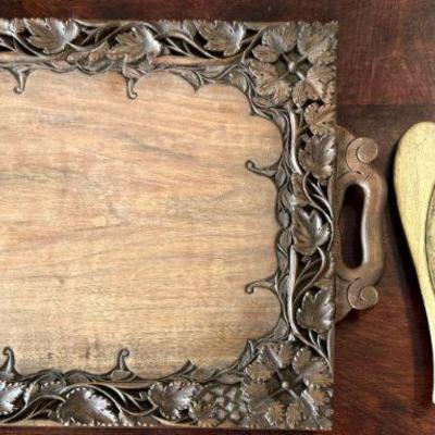 Antique Hand Carved Walnut Wood Footed Serving Tray With Handles And Primitive Hand Carved Wood Frame