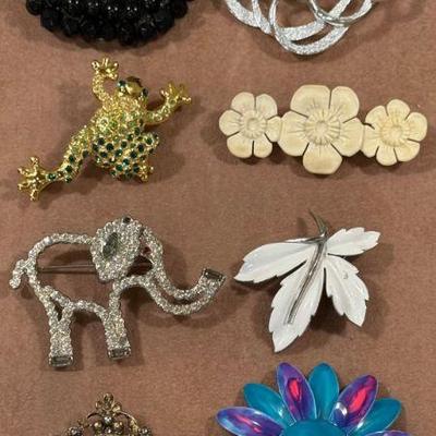 (8) Vintage Pin Brooches - Rhinestone, Frog (as Is), Sarah Coventry, Carved Bone, Enamel, And More