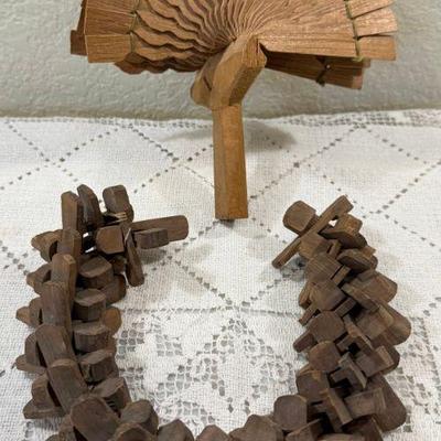 Antique Twisted Torus Wood Piece And Hand Carved Wood Fan
