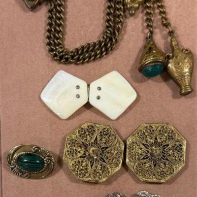 Pair Of Victorian Belt Buckles Mother Of Pearl And Brass, Chatelain Sweater Pin, Rhinestone Pin, And More