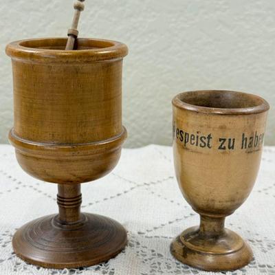(2) Antique Treen Wood Cups - (1) Goblet, (1) Germany Egg Cup