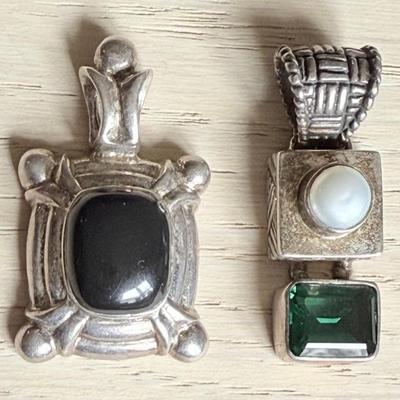 (2) Sterling Silver Pendants (1) Black Onyx And (1) Fresh Water Pearl & Green Faceted Stone - 18.65 Grams
