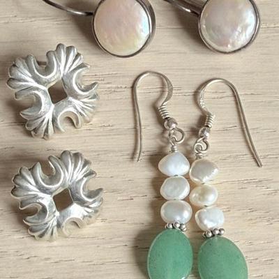 (3) Pairs Sterling Silver Earrings - Blister Pearl Wires - Fresh Water Pearl & Jade & Sterling Posts 17.17 Grm