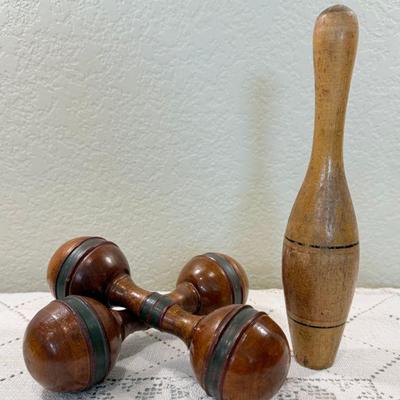Pair Of 1920s Wood Dumbbells And A Wood Bowling Pin