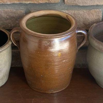 (3) Vintage Small Stoneware Crocks - (1) Double Handled Marked 5