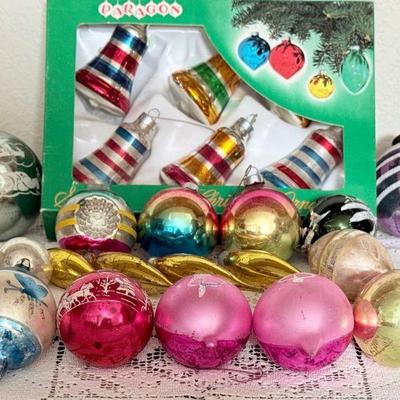 Collection Of Antique Mercury Glass Ornaments With Paragon Striped Bells In Original Box