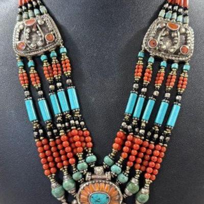 Gorgeous Tibetan Silver Pendant Necklace With Coral, Turquoise, Carnelian Stones With Matching Bracelet