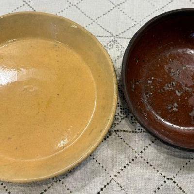 Redware Pie Plate Circa 1820 8", 9.5" Antique Stoneware Yellow Pie Plate