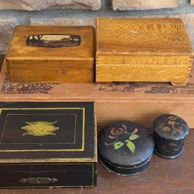 Wood And Card Board Trinket Boxes - Tole Painted, Dove Tail, Coasters (as Is)